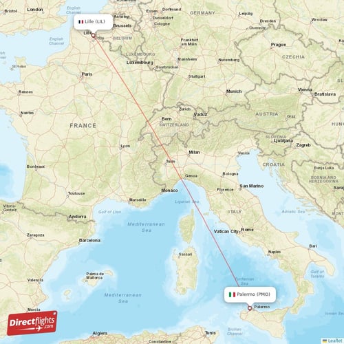 Palermo - Lille direct flight map