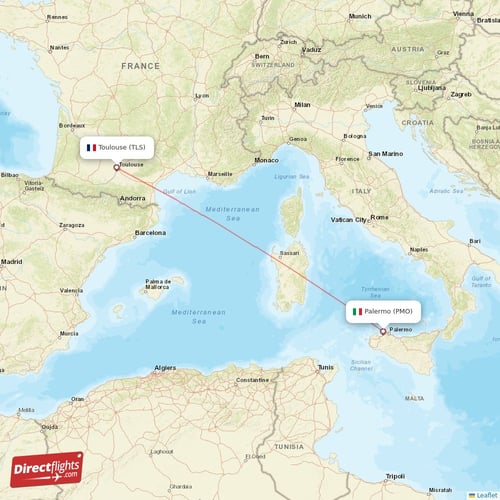 Palermo - Toulouse direct flight map