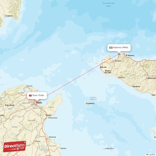Palermo - Tunis direct flight map
