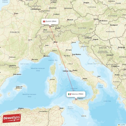 Palermo - Zurich direct flight map