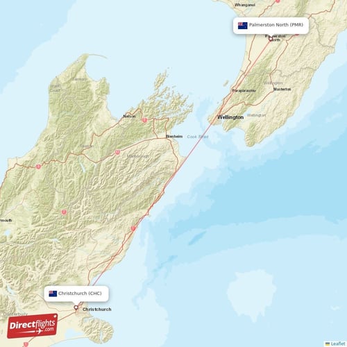 Palmerston North - Christchurch direct flight map