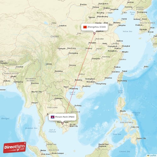 Phnom Penh - Zhengzhou direct flight map