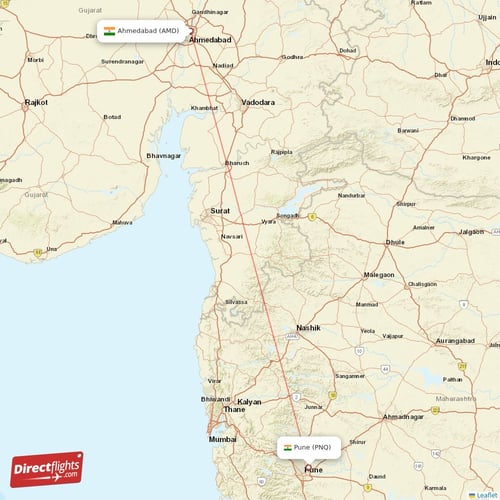Pune - Ahmedabad direct flight map