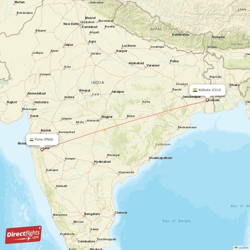 Pune - Kolkata direct flight map