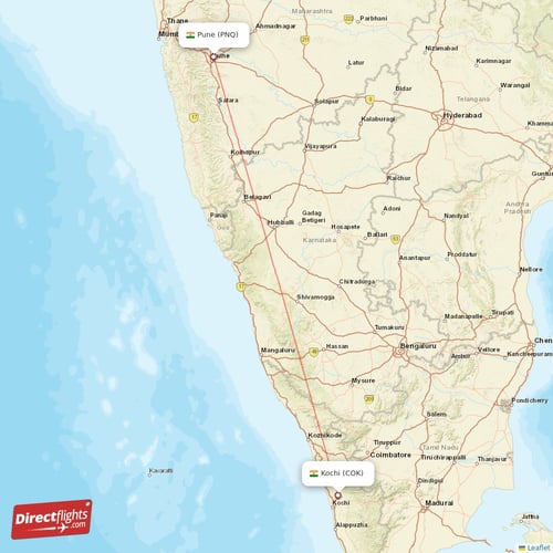 Pune - Kochi direct flight map