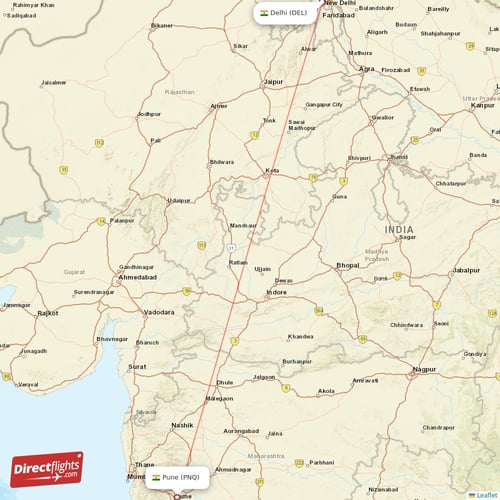 Pune - Delhi direct flight map