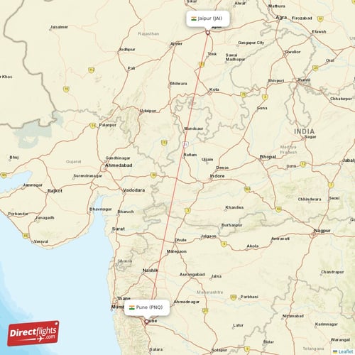 Pune - Jaipur direct flight map