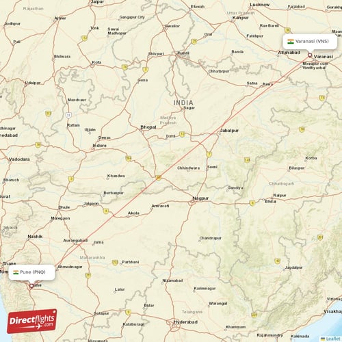 Pune - Varanasi direct flight map