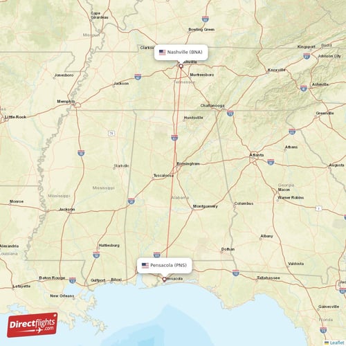Pensacola - Nashville direct flight map