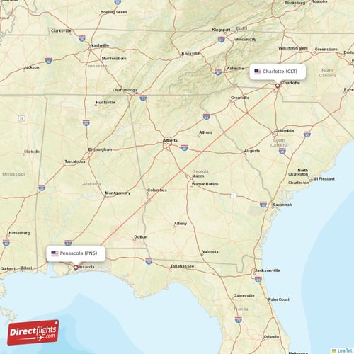 Pensacola - Charlotte direct flight map