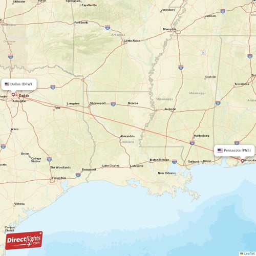 Pensacola - Dallas direct flight map