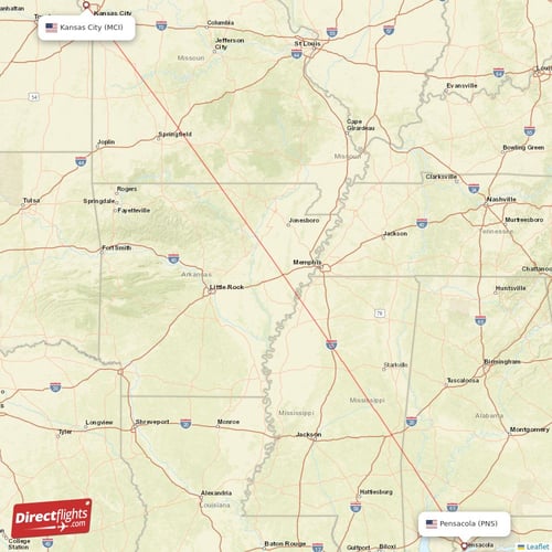 Pensacola - Kansas City direct flight map