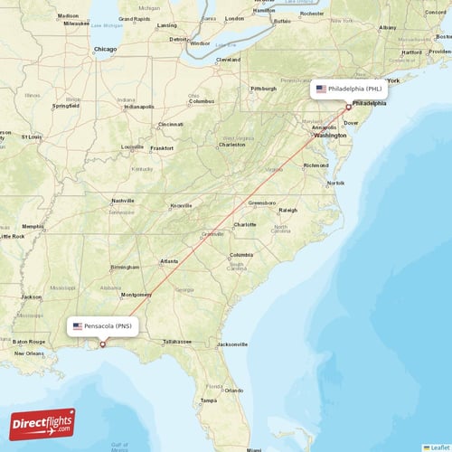 Pensacola - Philadelphia direct flight map