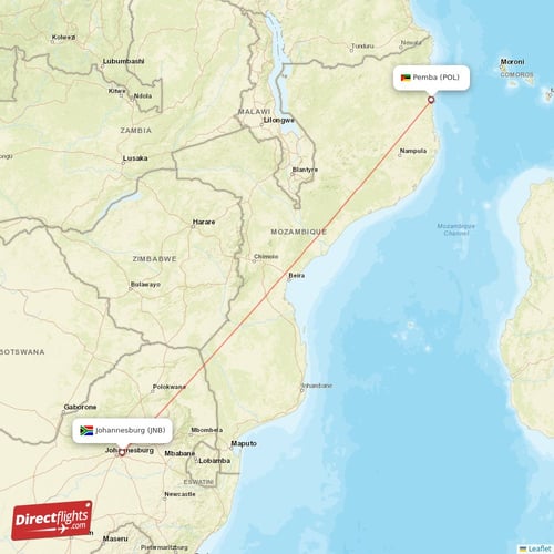 Pemba - Johannesburg direct flight map