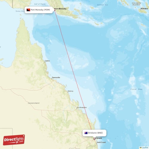 Port Moresby - Brisbane direct flight map