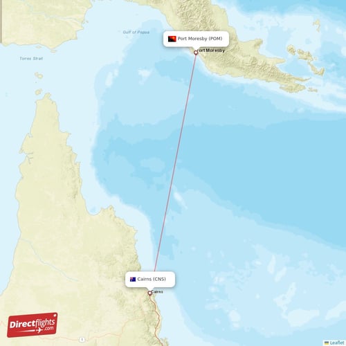 Port Moresby - Cairns direct flight map
