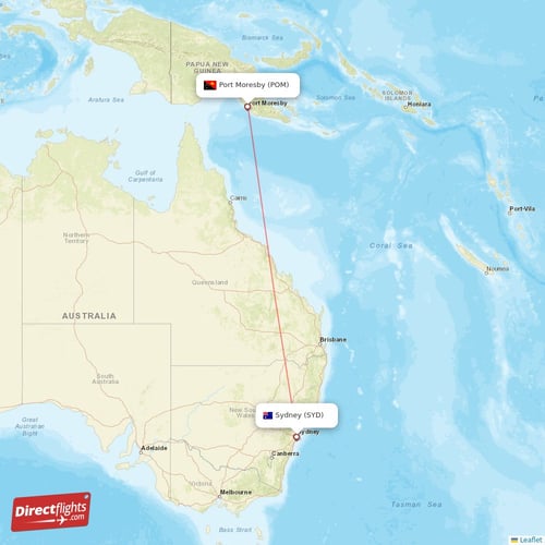 Port Moresby - Sydney direct flight map