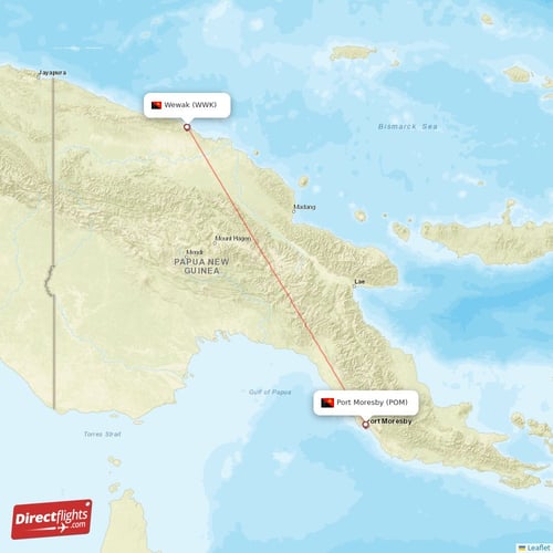 Port Moresby - Wewak direct flight map