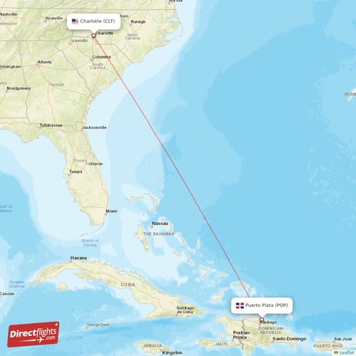 Puerto Plata - Charlotte direct flight map