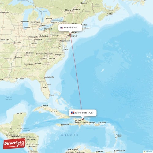 Puerto Plata - New York direct flight map