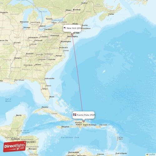 Puerto Plata - New York direct flight map