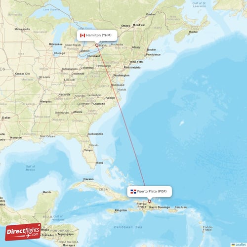 Puerto Plata - Hamilton direct flight map