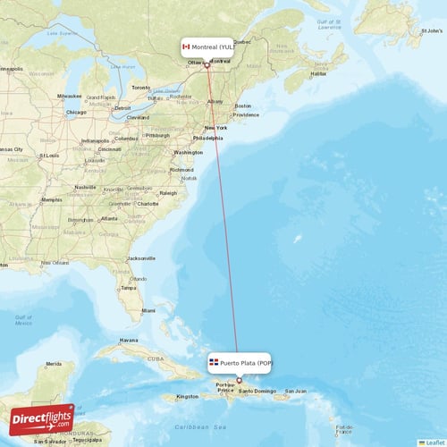 Puerto Plata - Montreal direct flight map