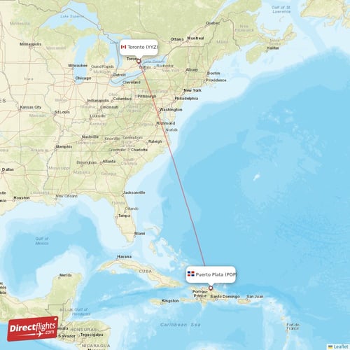 Puerto Plata - Toronto direct flight map