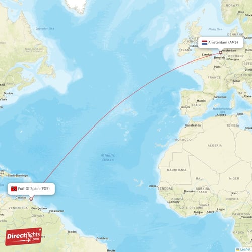 Port Of Spain - Amsterdam direct flight map
