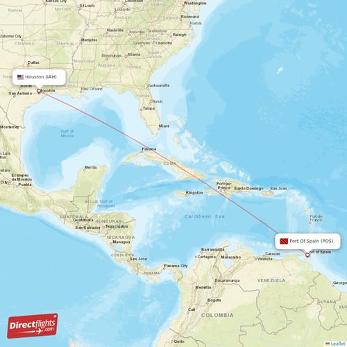 Port Of Spain - Houston direct flight map