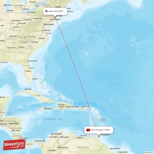 Port Of Spain - New York direct flight map