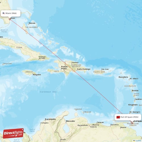 Port Of Spain - Miami direct flight map