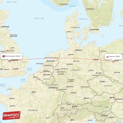 Poznan - Birmingham direct flight map