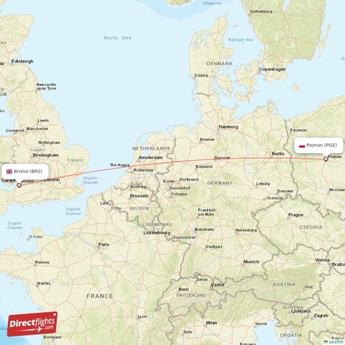 Poznan - Bristol direct flight map