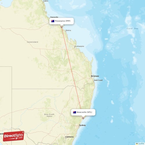 Proserpine - Newcastle direct flight map