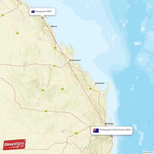 Proserpine - Coolangatta (Gold Coast) direct flight map