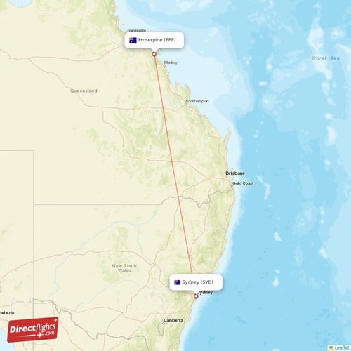 Proserpine - Sydney direct flight map