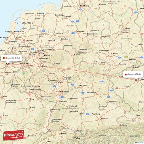 Prague - Brussels direct flight map