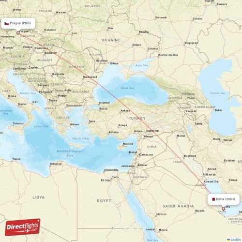 Prague - Doha direct flight map