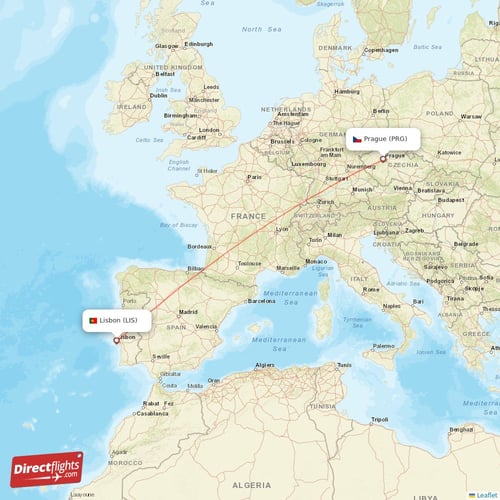 Prague - Lisbon direct flight map