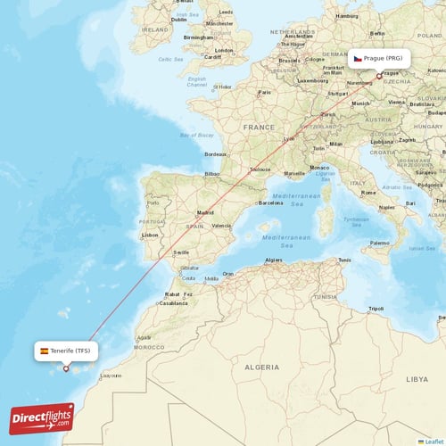 Prague - Tenerife direct flight map