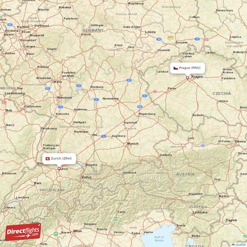 Prague - Zurich direct flight map
