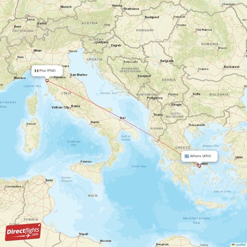 Pisa - Athens direct flight map