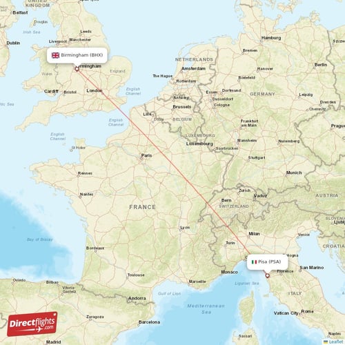 Pisa - Birmingham direct flight map