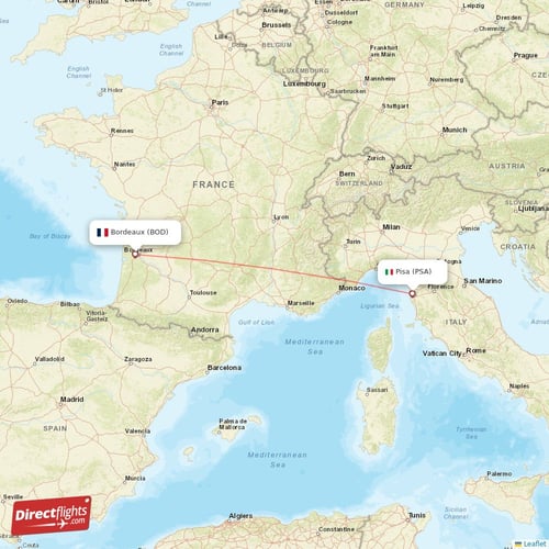 Pisa - Bordeaux direct flight map