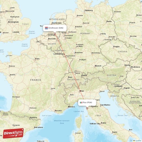 Pisa - Eindhoven direct flight map