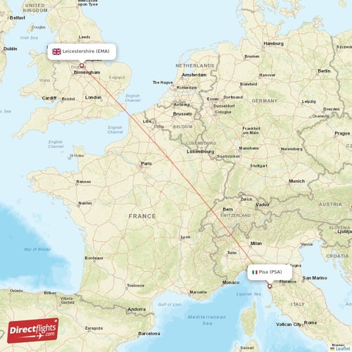 Pisa - Leicestershire direct flight map