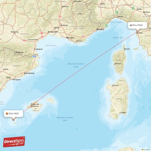 Pisa - Ibiza direct flight map