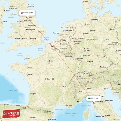 Pisa - Leeds direct flight map