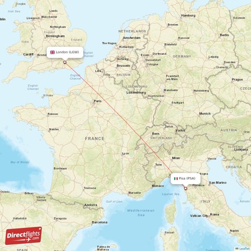 Pisa - London direct flight map